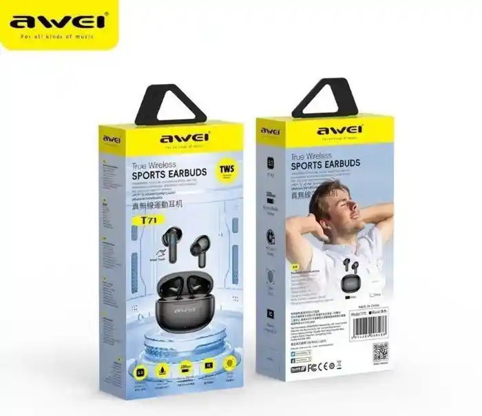 Awei T71 TWS Sports Wireless Bluetooth Earbuds IPX4 Waterproof with Charging Case Smart Touch Low Latancy Game Earphone